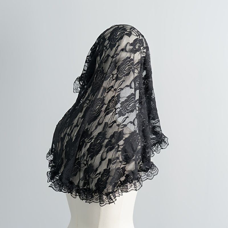 Black Rose Lace Head Veil Ruffled Edge Gothic Hooded Scarf For Halloween Cosplay Party Costume Accessory
