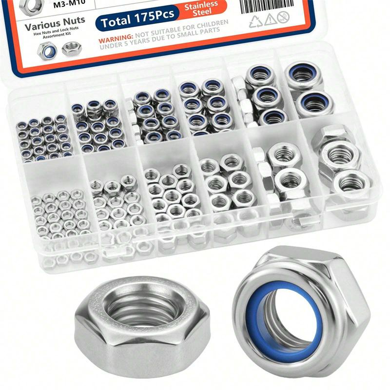 175pcs/Set Stainless Steel Locknuts & Hex Nuts Assortment Kit M3 M4 M5 M6 M8 M10 Sizes Metric Nylon Insert Lock & Hex Nut Set