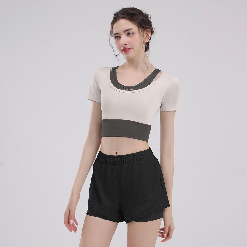 Women's Short Sleeve Yoga Set: Summer Style Workout Top with Chest Pad for Pilates, Training, and Running.