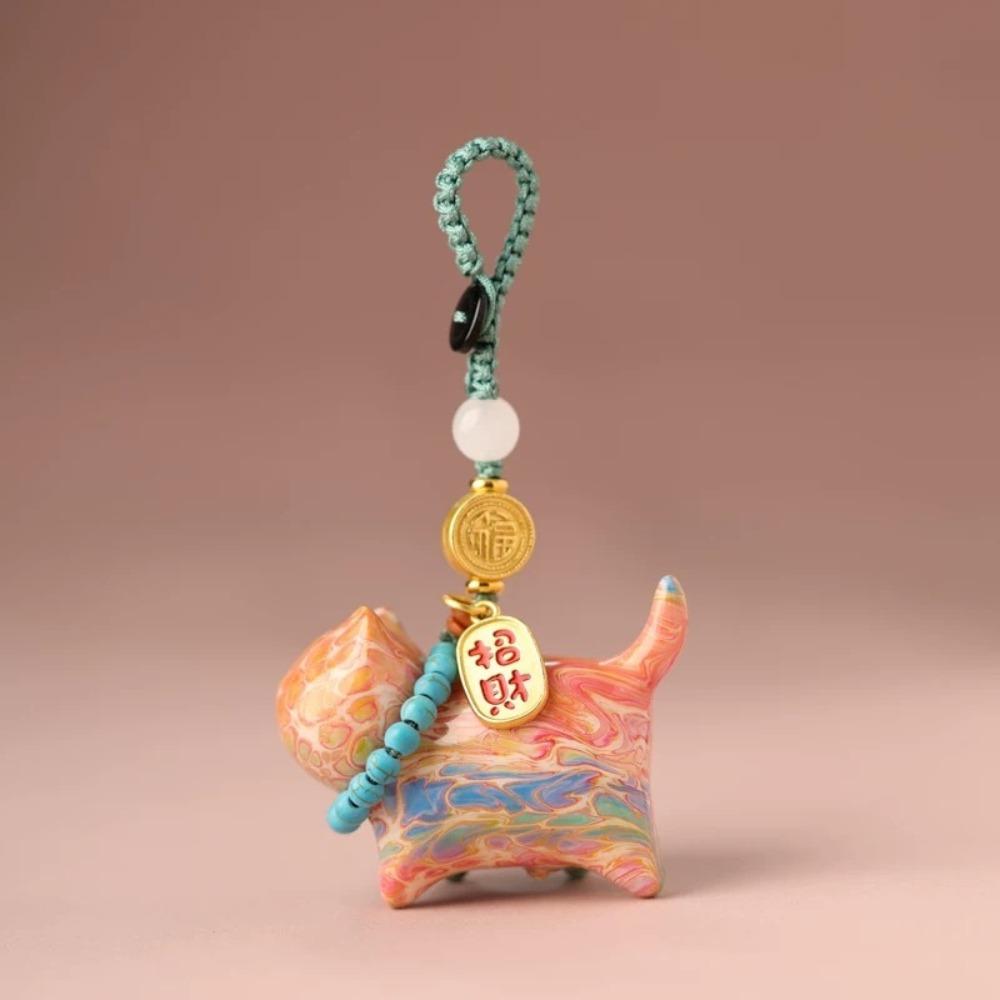 Woven Lanyard Lucky Cat Keychain Carved Sandalwood Fortune Cat Pendant Phone Attachment
