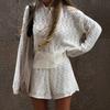Women's White Lace Knit Cardigan and Shorts Set Sleeveless Cropped Top Two Piece