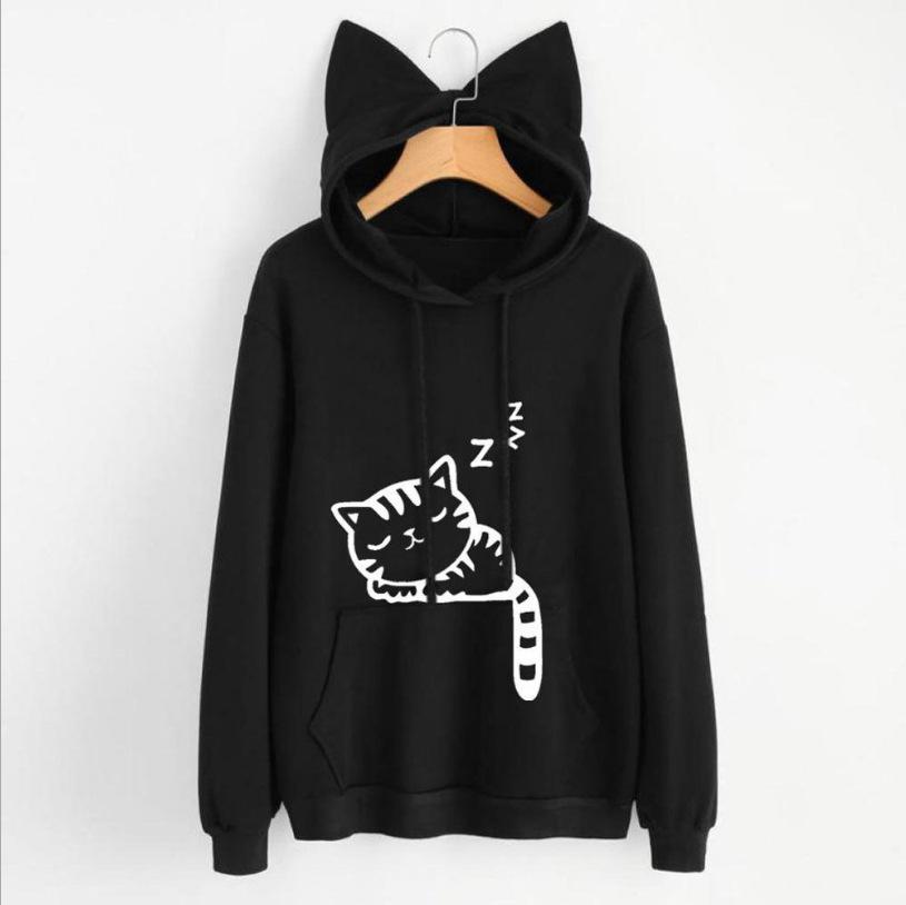 Plus Size Women Sweatshirt Cat Ear Funny Hoodie Kawaii Print Cat Cartoon Autumn Loose Casual Sweatshirts