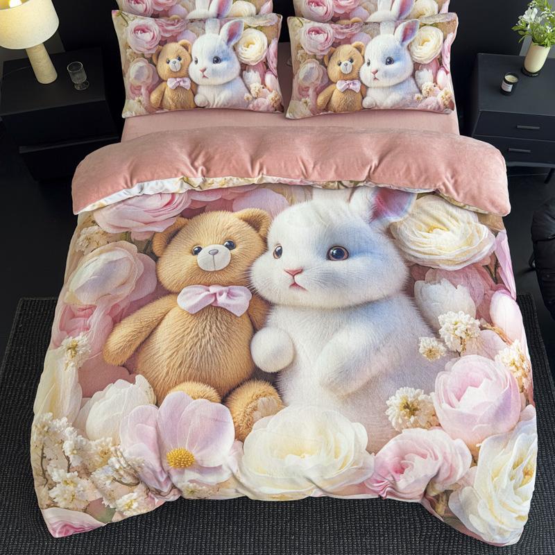 Milk Fleece Four-Piece Set, Large Version Digital Printing Cute Cartoon Single Double Quilt Cover, Bed Hat Three-Piece Set