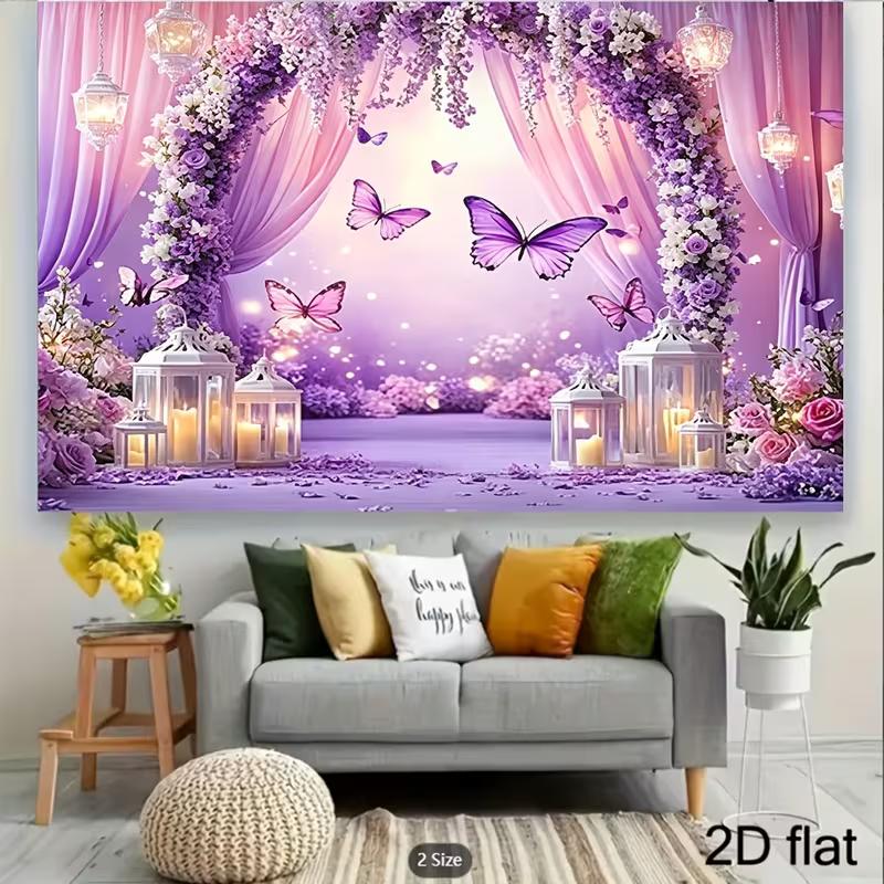 2D Printed Backdrop with Purple Flower Arch, Butterflies, Lanterns and Sheer Curtains
