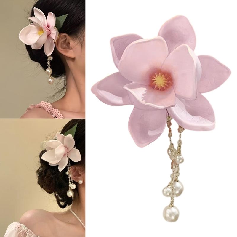 Elegant Magnolia Flower Hair Clip With Pearls Chain Fashion Resin Hair Styling Accessory For Women Girls Daily Wear