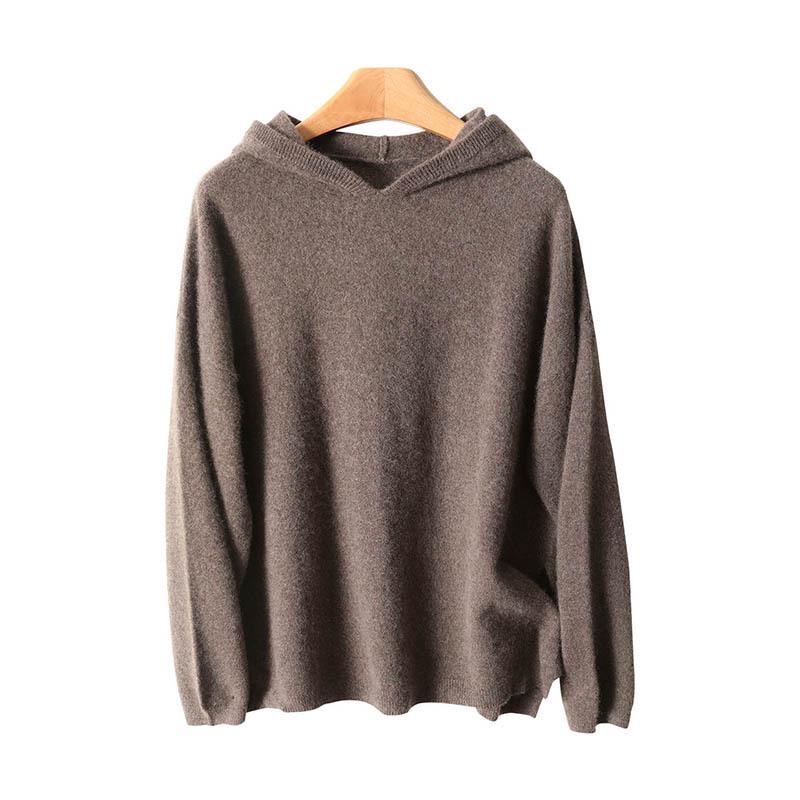 Damull Tröja med Huva - Lös Passform, Sidosprund, Vardags- och Mångsidig Stickad för Höst/Vinter