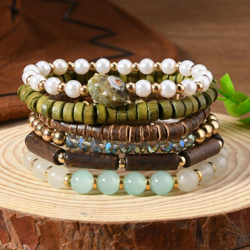 New Coconut Shell Wood Beads Beaded Soft Pottery Pearl Stone Leather Men's and Women's Bracelets Bracelets 6-piece Set