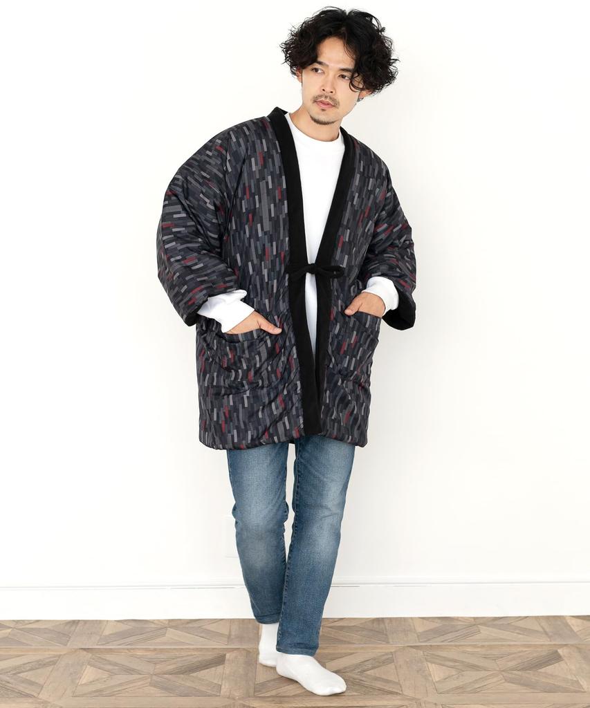 [KYOETSU] Men's Winter Fleece Hanten (5. Black One-Line Pattern, Size M)