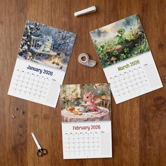 2026 Pastoraler Drachenkalender Drachen durch die Jahreszeiten Wandkalender Monatskalender Büro- oder Heimplaner Geschenk für Drachenliebhaber