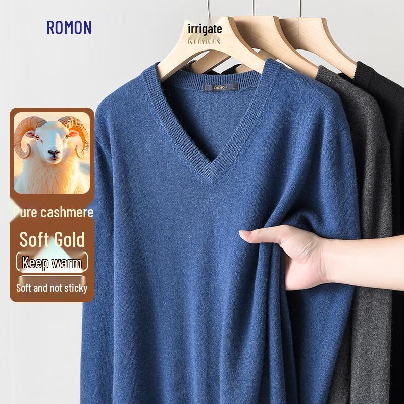 Romon Men's V-Neck Pure Cashmere Sweater for Autumn/Winter