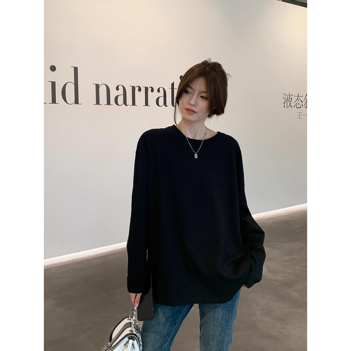 

Imitation cotton, new long-sleeved T-shirt in autumn and winter, women s loose solid color crew neck, durable and versatile women 2XL чорний