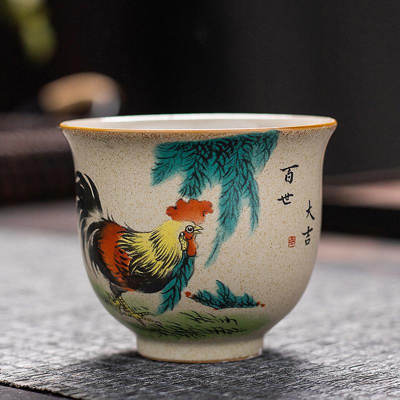 1 Pc Chinese Handmade Cock Ceramic Teacup Vintage Pottery Tea Cup Portable Tea Bowl Pu'er Master Cup Travel Tea Set Accessories