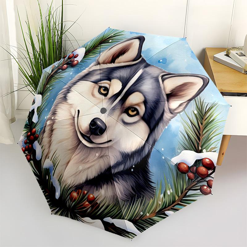 

1pc Winter Wolf Automatic Opening/Closing Folding Umbrella with 8 Ribs, Plastic Handle, Windproof Portable Sunshade Umbrella yy251222213