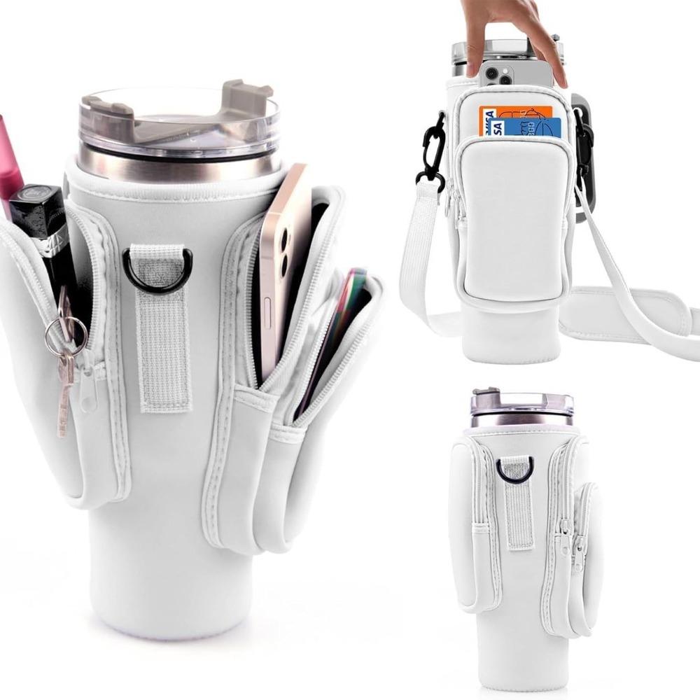 

3 Pockets Water Bottle Holder Pouch with Keychain & Mountaineering Button Adjustable Strap Vacuum Cup Bag With Phone Pocket белый