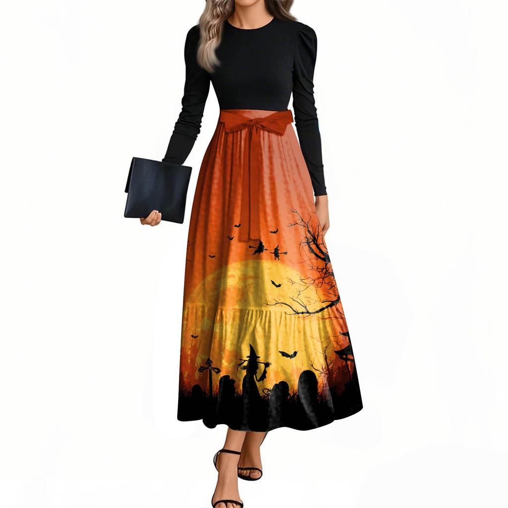 Women's Fashion Casual Belted Long Sleeve Round Neck Halloween Printed Elegant Temperament Dresses