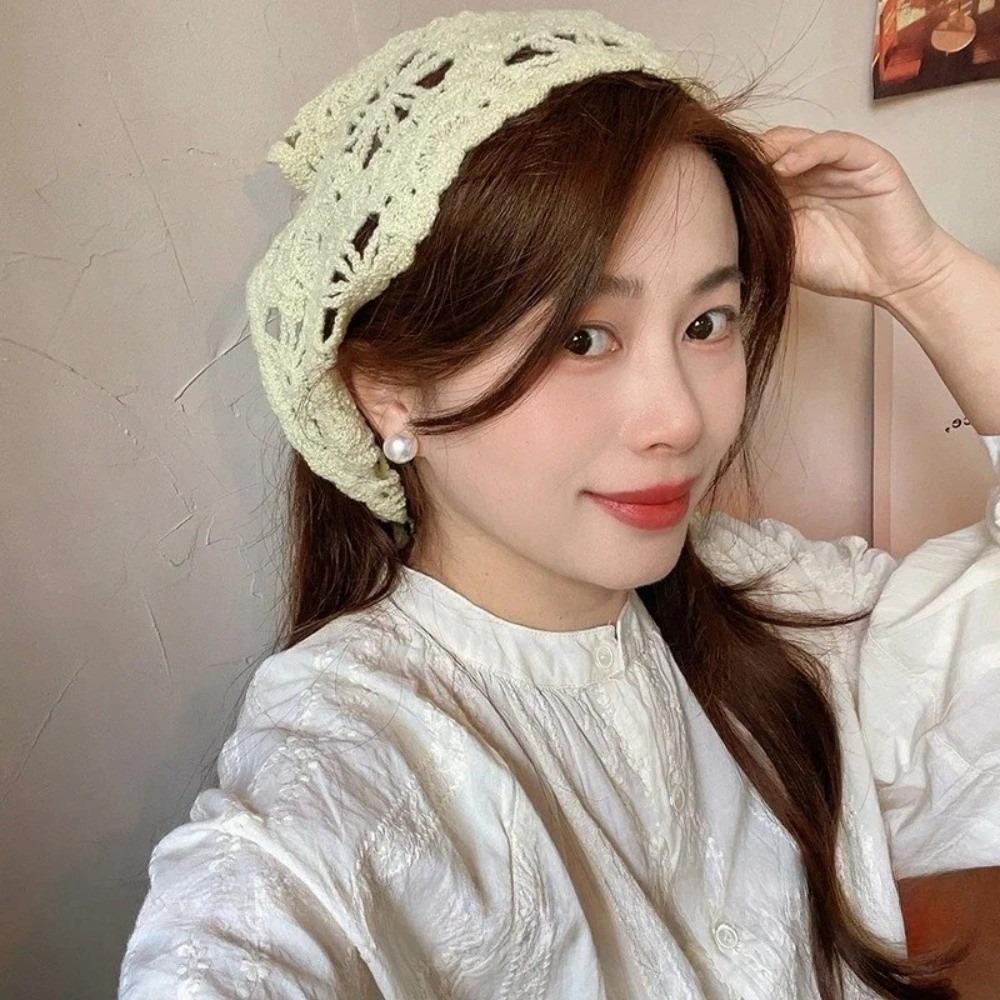 Pastoral Style Triangle Turban Floral Women Hair Scarf Elegant Knitted Headband Girls