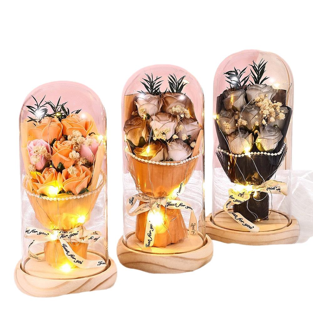 Qixi Festival Valentine's Day Gift Log Base Immortal Rose Glass Cover Creative Soap Flower Gift