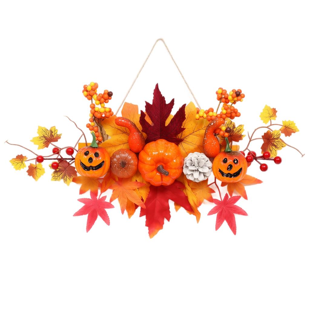 Artificial Maple Leaf Pumpkin Hanging Decoration with Pinecones and Berries for Indoor Outdoor Autumn and Halloween Display