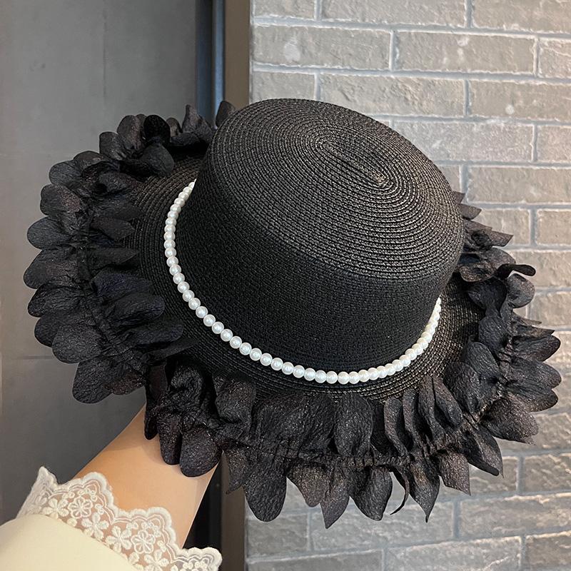 Elegant Lace Straw Hat Women'S Summer Outdoor Wide Brim Sunscreen Sunshade Vacation Sun Hat New Pearl Top Hat