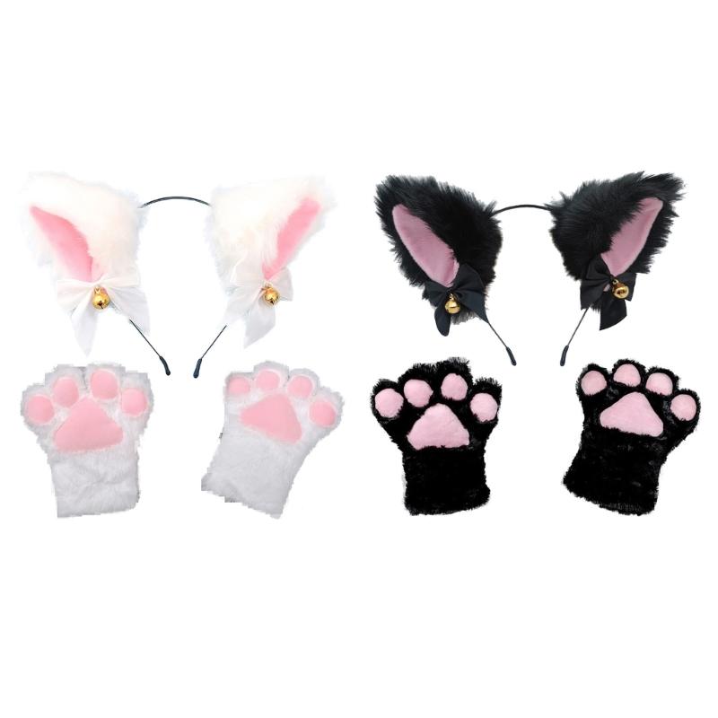Cat Ears Headband and Furry Paws Gloves Halloween Party Costume Accessories