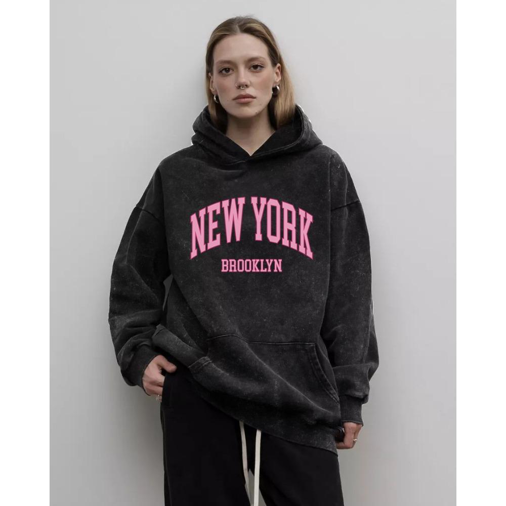 New York Creative Art Letter Prints Dam Tvättad Hoodie Bomull Distressed Hoodie Lös Hoodie Stora Toppar