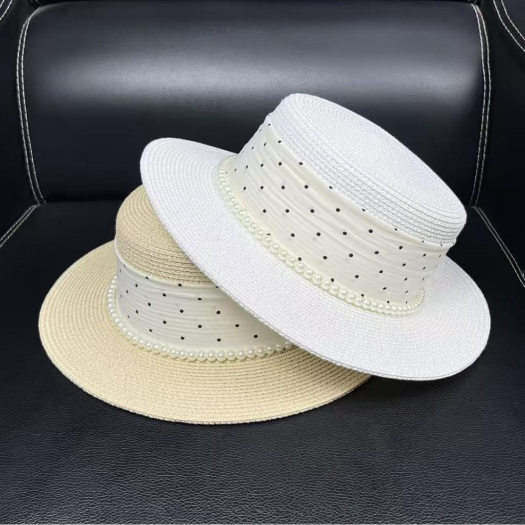 French Vacation Style Polka Dot Flat Top Top Hat Women's Summer Elegant Pearl Straw Hat Travel Seaside Sun Protection Hat