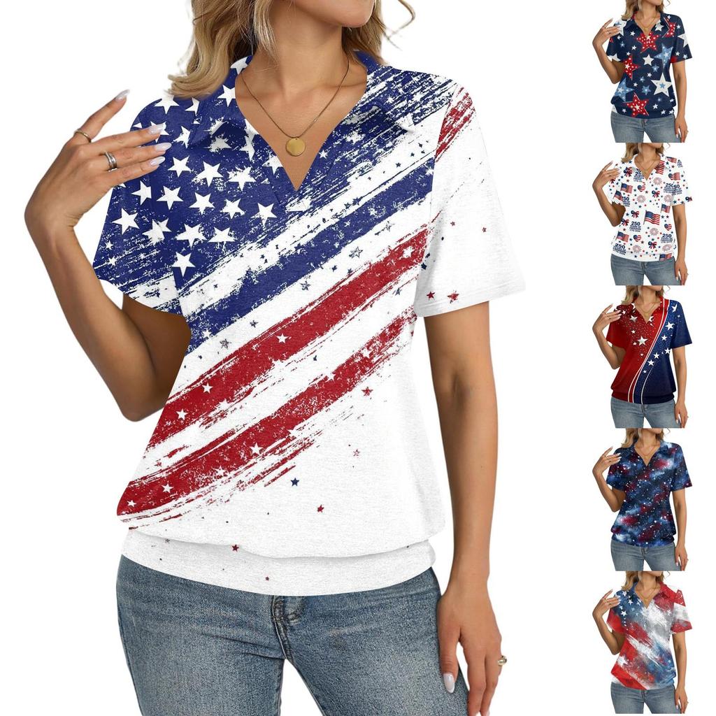Women’s Fashion Casual Short Sleeve Polo Collar Top with Independence Day Inspired Print for Everyday Wear and Comfort