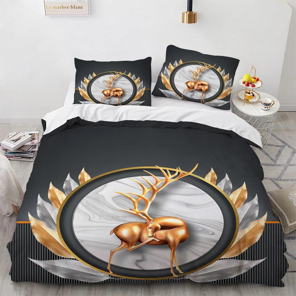 Cartoon Elk Duvet Cover King Queen Size Golden Deer Pattern Bedding Set for Teens Adults Wild Buck Quilt Cover with Pillowcase