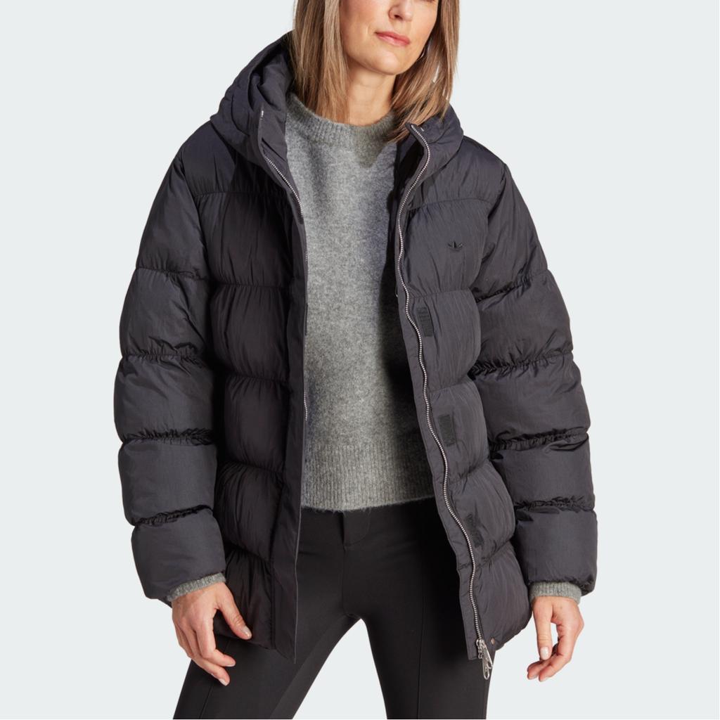 Adidas Originals Solid Color Micro Logo Single Line Inset Pocket Quilted Pleated Full Zip Double Pull Hooded Cotton Jacket Women Jacket Black II8467