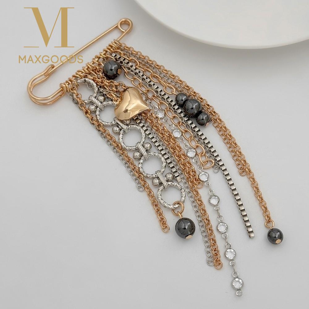 Ins Style Heart Brooch Black Beads Chain Tassel Metal Chain Brooch Sweet Cool Style Heart Pendant Beaded Tassel Lapel Pin