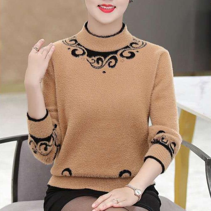 Women's Fleece Sweater Autumn Winter Thick and Warm Printed Plus-Size Sweater Loose Stretch Knit Pullover Top