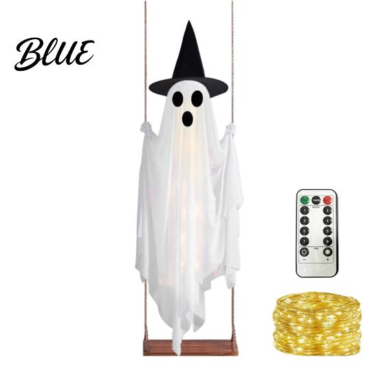 Animierte Halloween-Hoffiguren Leuchtendes Hängendes Schaukelgeister mit Hexenhut Fernbedienung Verstellbar Einfache Montage Requisiten Helligkeit Fliegend