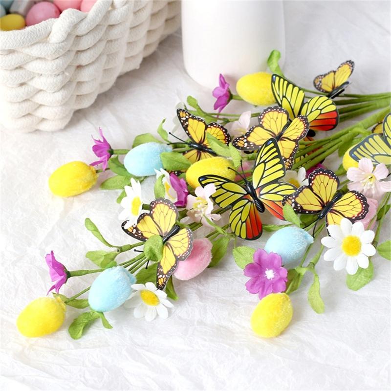 4Pcs Bendable Easter Eggs Butterfly Flower Stems Artificial Silk Flower for Vase Flower Arrangements Home Decoration