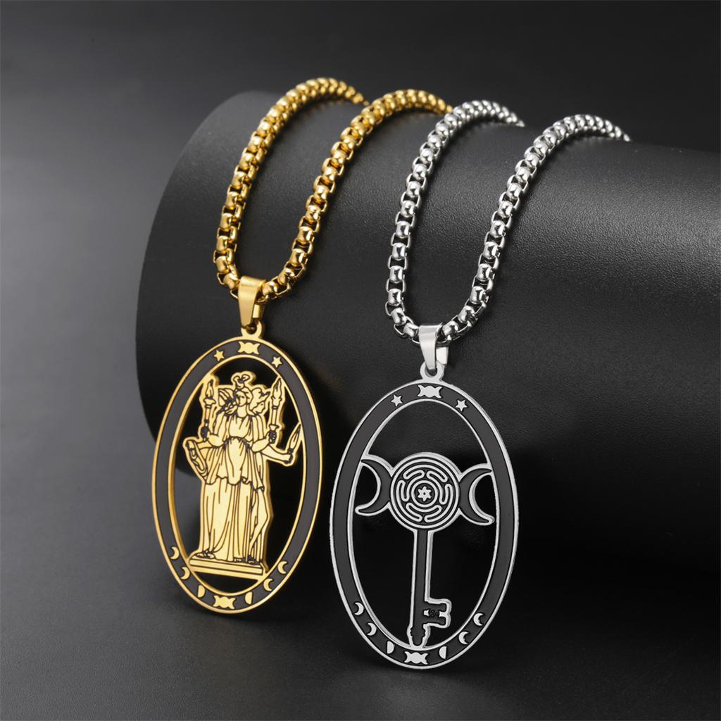 Stainless Steel Triple Moon Goddess Pendant Necklace Box Chain Hollow Wheel of Hecate Choker Vintage Amulet Jewelry Gift