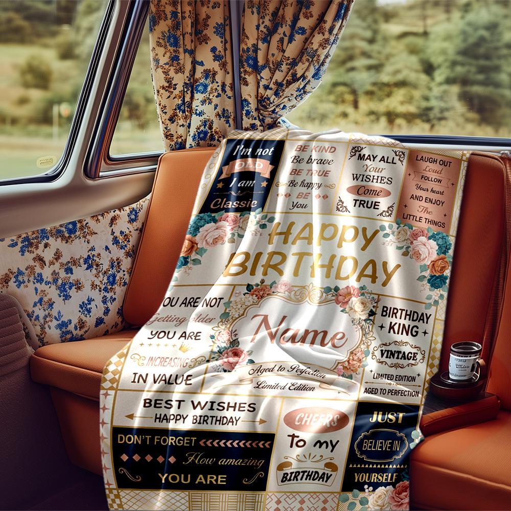 Vintage Birthday Celebration Blanket Personalized Name Soft Comfortable Stylish Blanket Car Blanket Perfect For Travel Camping Outdoor Home Suitable