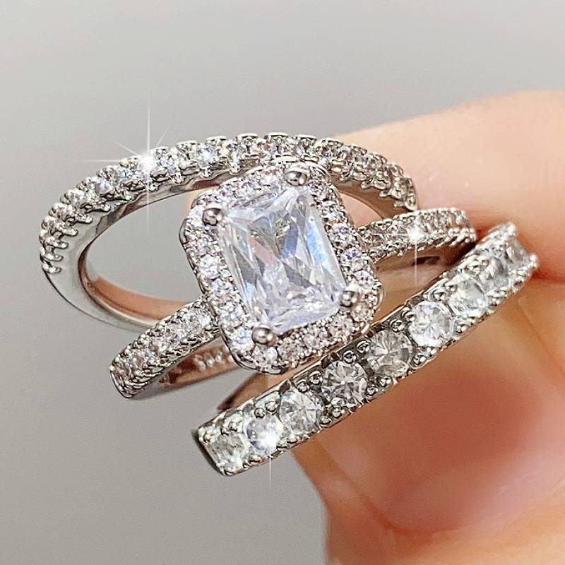 

Huitan 3Pcs/Set Women Ring Inlaid Bright Cubic Zirconia Fashion Lady Wedding Engagement Noble Accessories Charming Party Zircon 6
