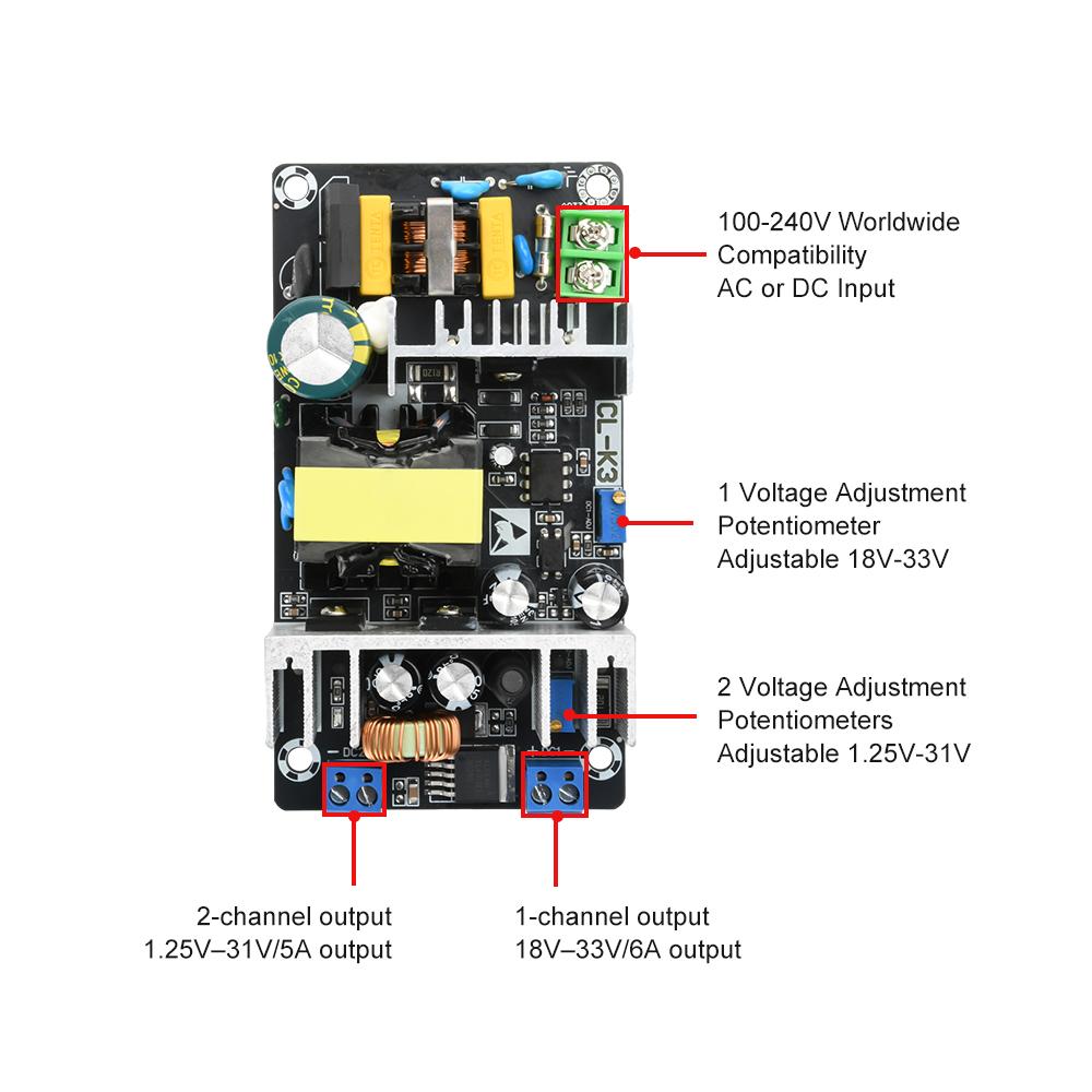 Adjustable Dual Output Switch Power Supply Module AC 100-240V/DC 141-339V To 18-33V/1.25-31V Step Down Buck Converter