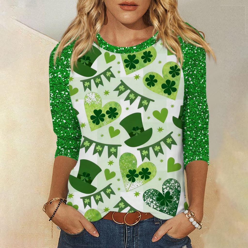 Frauen St. St. Patrick's Day Print Rundhals Dreiviertelarm Oberteil