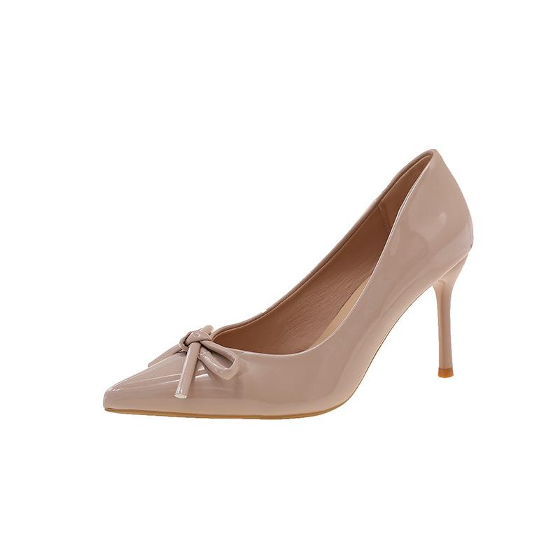 Beautiful 2025 new nude high heels women's stiletto bar mitzvah pointed bow French patent leather shoes
