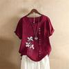 Women Cotton Linen Floral Boho Tops T Shirt Summer Short Sleeve Loose Blouse Tee Clothing
