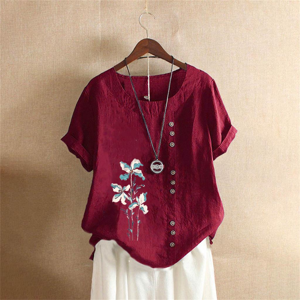 Women Cotton Linen Floral Boho Tops T Shirt Summer Short Sleeve Loose Blouse Tee Clothing