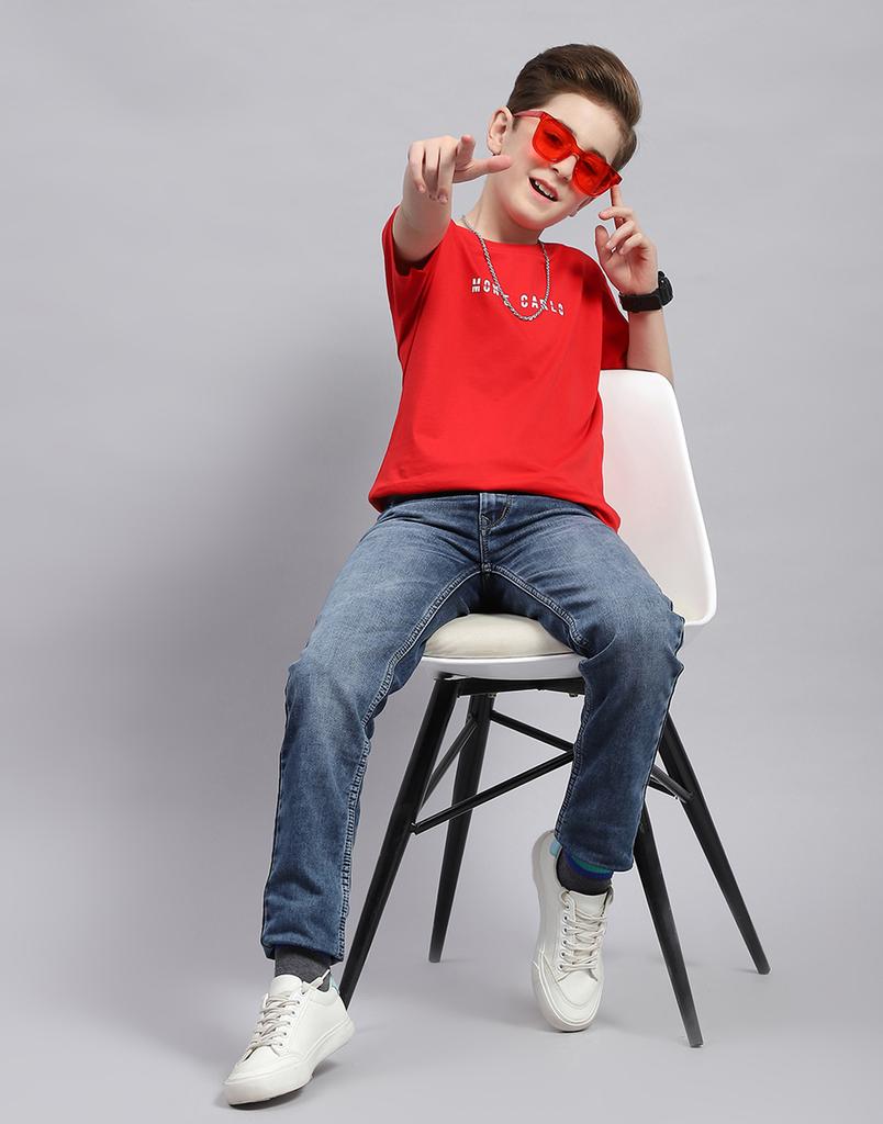MONTE CARLO Boys Red Printed Round Neck Half Sleeve Regular Fit T-Shirt