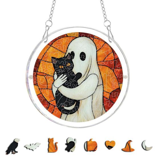 Halloween Acrylic Puzzle Decor, 2D Ghost Pumpkin Skeleton Hanging Sign, Faux Stained Glass Spooky Puzzle for Party Home Decor, Stress Relief Toy