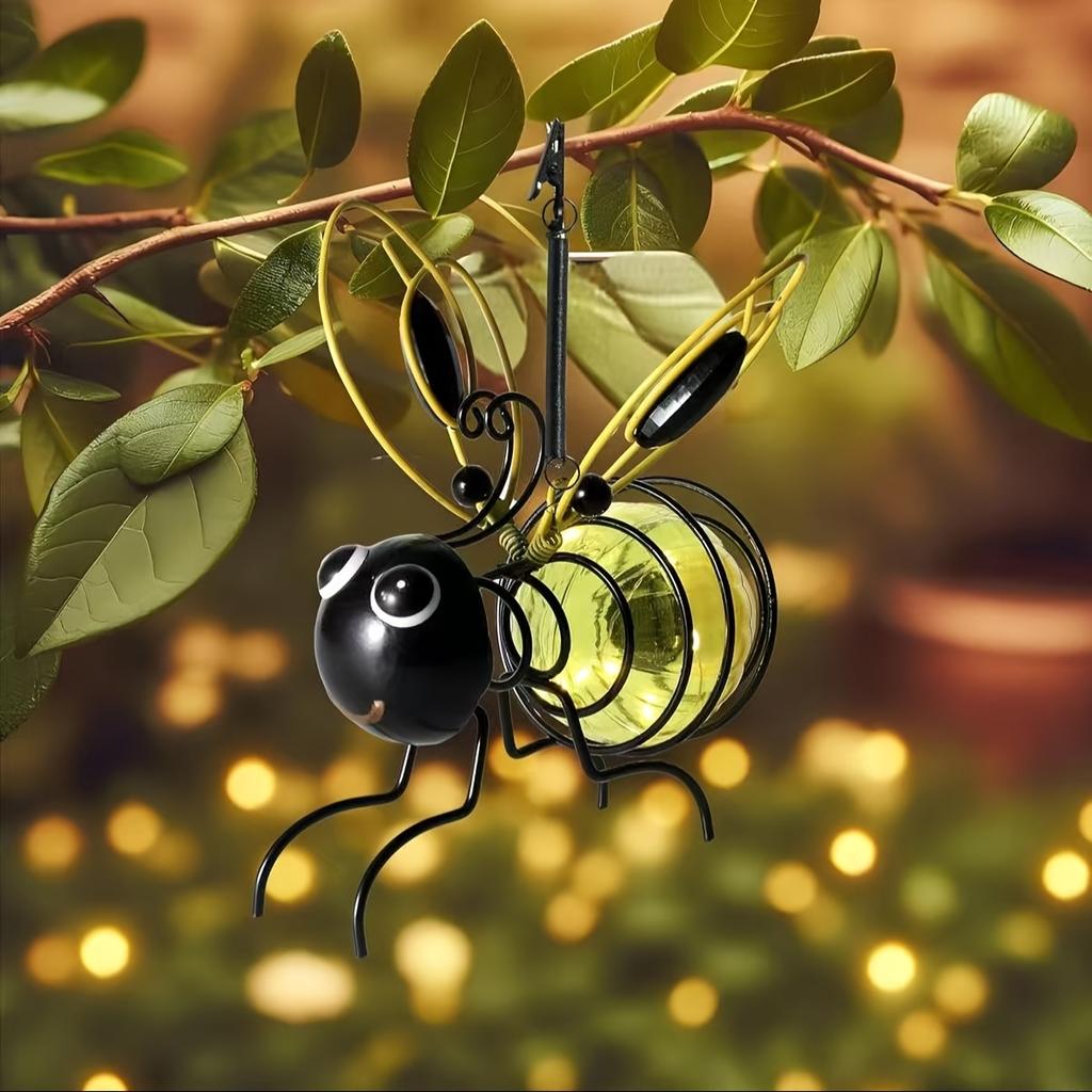 Solar Iron Bee Statue With LED Fairy Lights Outdoor Waterproof Hanging Tree Ornaments For Fence Yard Courtyard Garden Art Decor