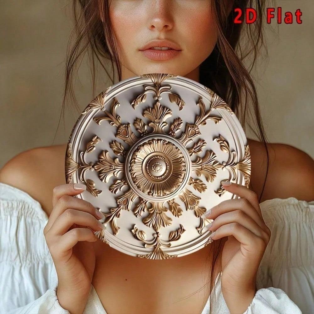 Golden Floral Round Metal Wall Art 8x8 Inch Carved Aluminum Home Decor UV Scratch Resistant