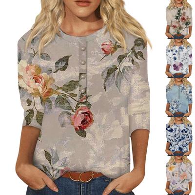 Moda damă casual cu mâneci 3/4 cu nasturi florale imprimat cu gât rotund Pulover Top Îmbrăcăminte casual