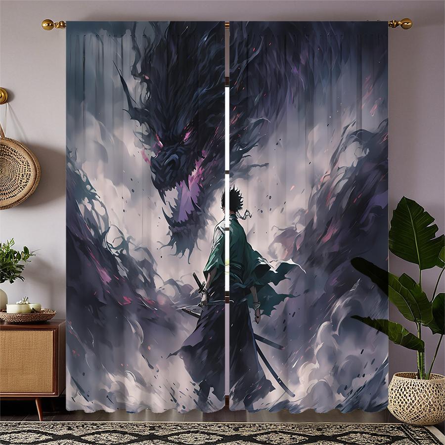 2pcs- Sword Saint and Evil Dragon Polyester Curtains, Pole bag curtains 42*84, Bedroom, living room, home room decoration