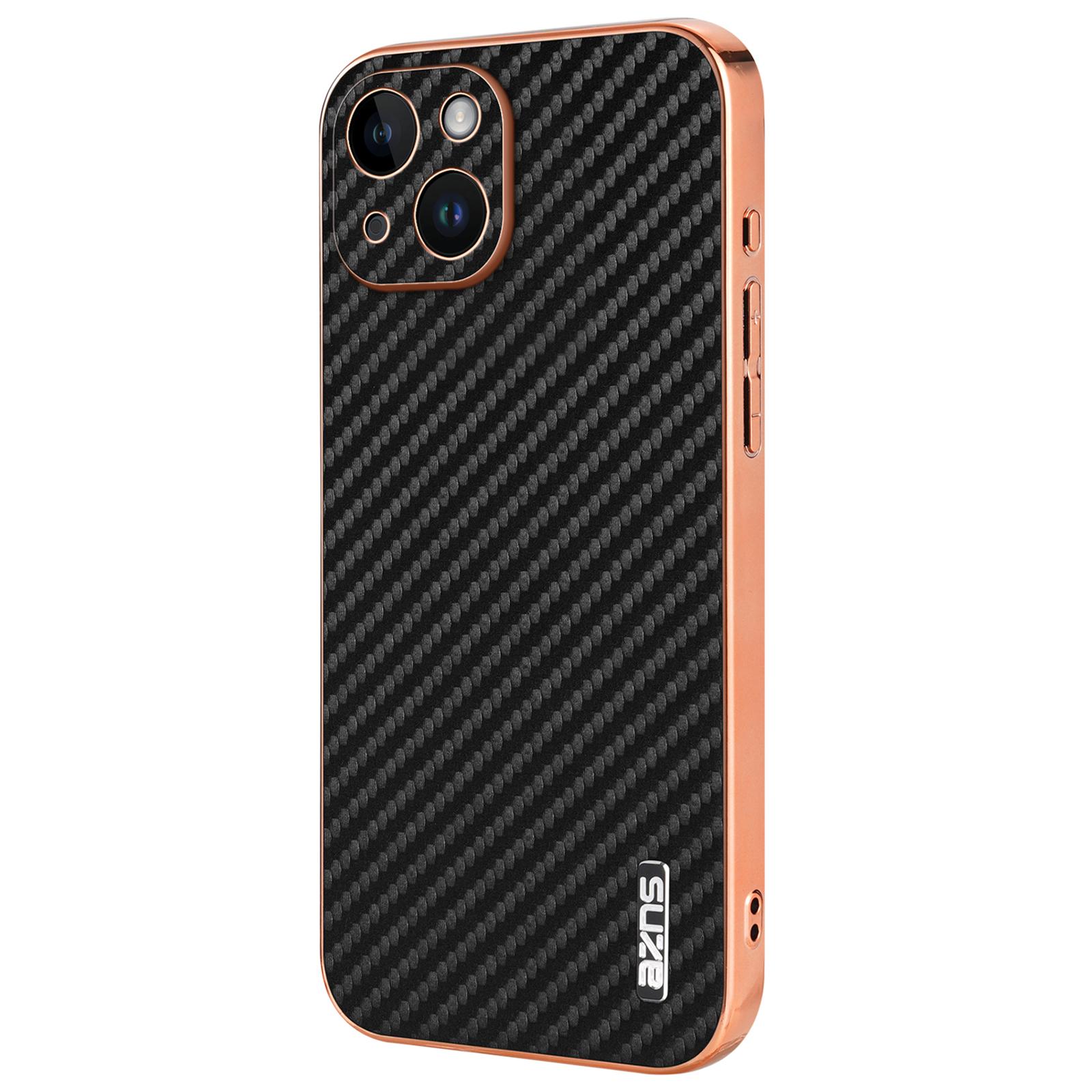 

AZNS For iPhone 14 Case Electroplating Carbon Fiber Texture PU+TPU Phone Cover Black