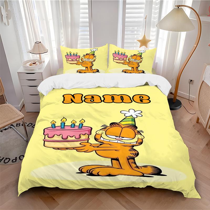 Set Biancheria da Letto Torta di Compleanno di Garfield 3 Pezzi Copripiumino Regalo per Camera da Letto, Include Nessuna Imbottiturajt051