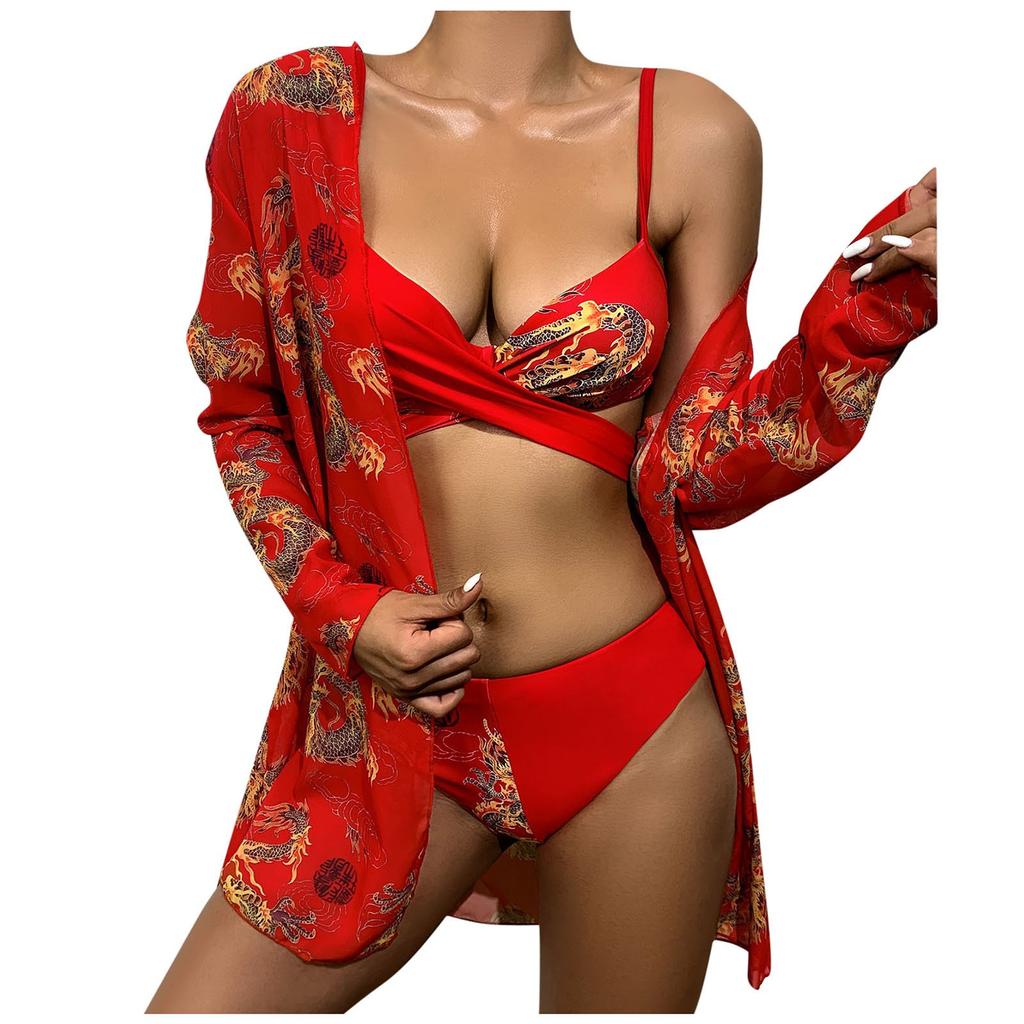 Women Sexy Dragon Print Split Swimsuit With Coat And Sun  Straps